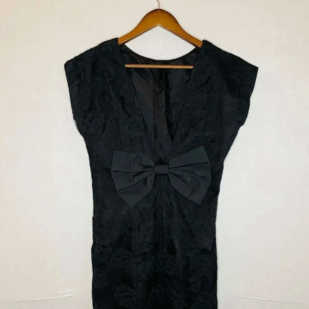 Vintage 80s Kwai Lan Louis Women's Dress - Black Shift Lace Bow Union Made